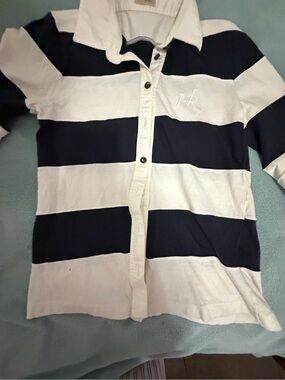 Kids Navy & White Striped Polo Shirt with Embroidered Logo